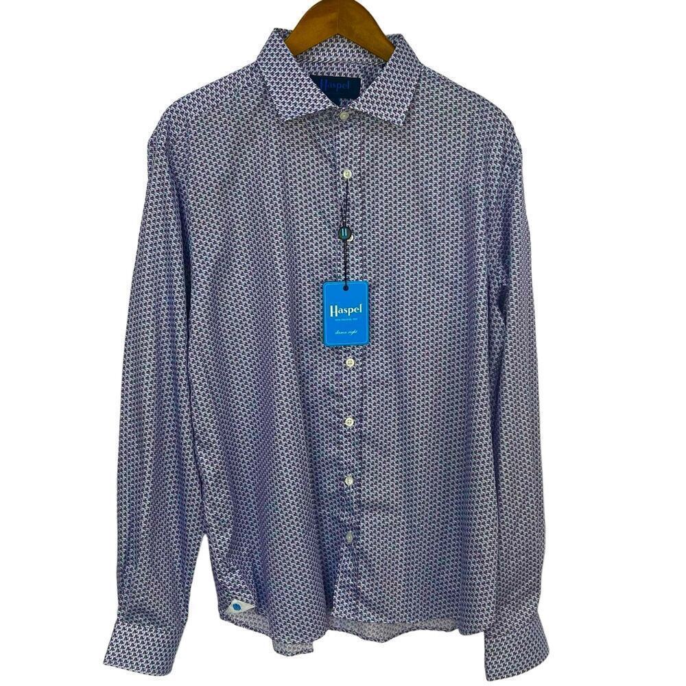 HASPEL BUTTON FRONT COLLARED CARROLL‎ SHIRT IN LAVENDER GEO NWT MEN'S SIZE XL